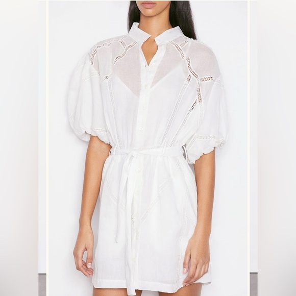 FRAME
Inset Lace Ramie Mini Shirt Dress with Puff Sleeve - Picture 1 of 8